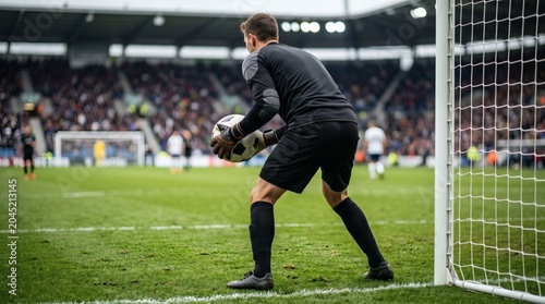 Soccer goalkeeper in action on field.