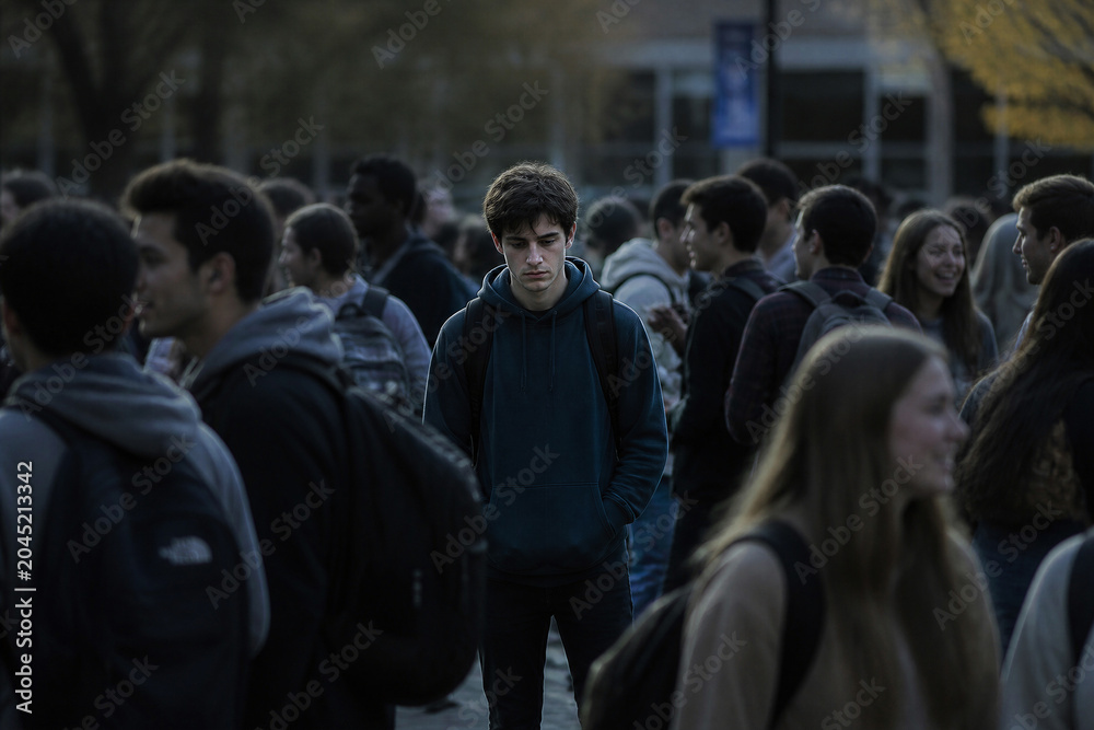 Fototapeta premium Teen boy walking solitary through crowded campus plaza at dusk