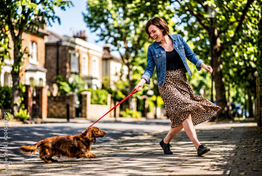 Obraz premium Laughing woman walking playful dachshund dog on red leash down summer street