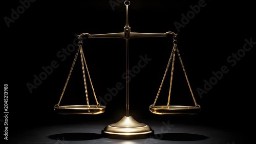 A majestic golden balance scale stands illuminated against a dark backdrop, symbolizing justice, fairness, and legal judgment with its classic design.