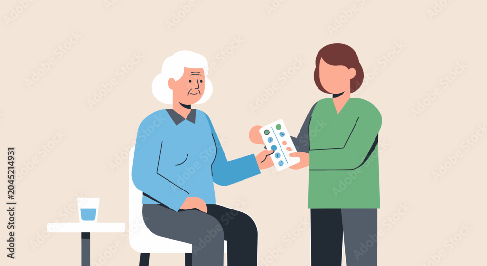 Fototapeta premium Nurse giving medication to elderly woman, healthcare assistance, home care, medical support