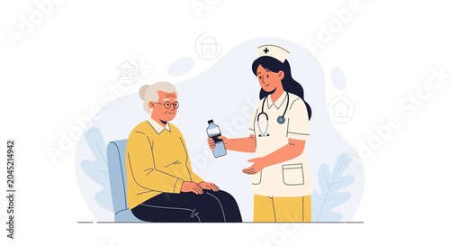 Nurse giving water bottle to elderly woman patient at home, healthcare support