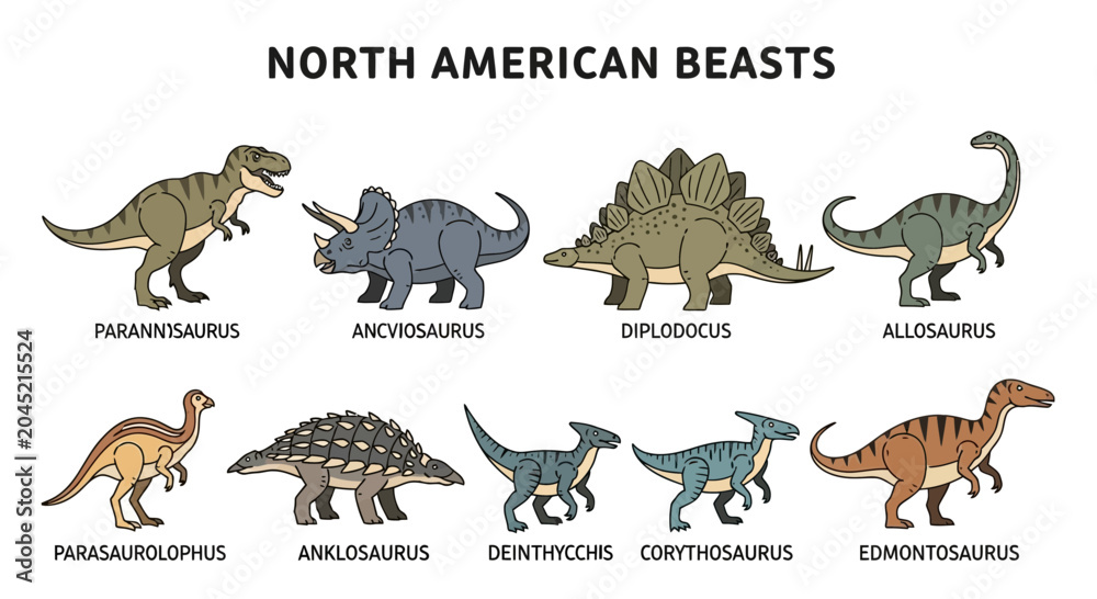 Obraz premium Cartoon illustrations of ten named North American dinosaurs arranged in two rows