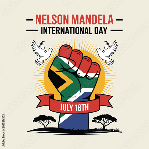 Nelson mandela international day illustration with raised fist in south africa flag colors and doves