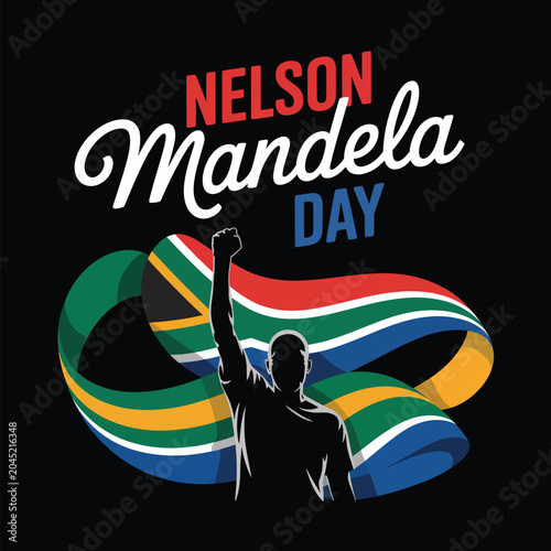 Nelson mandela day vector illustration with south african flag and silhouette of a man with raised fist