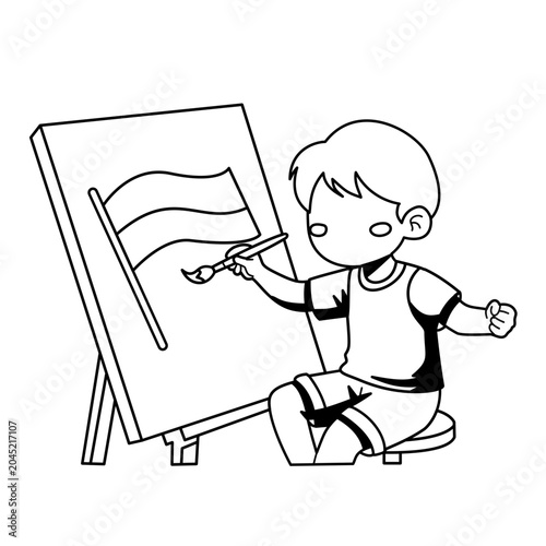 Child Artist Painting Flag Creatively on Canvas Easel