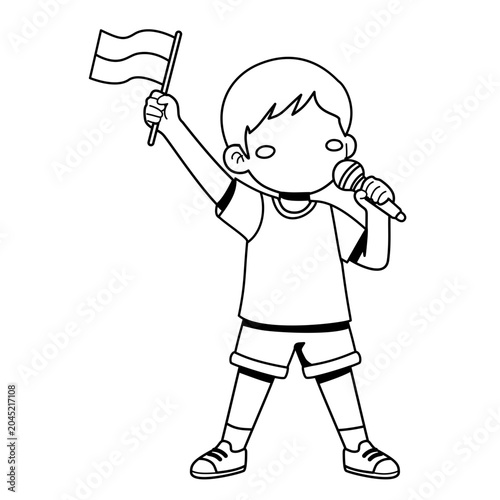 Boy Singing with Flag and Microphone