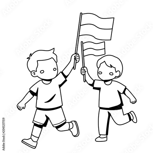 Two cheerful children running and waving flags, celebrating a victory or event.