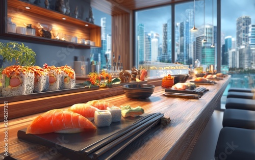 Fresh sushi and rolls served on wooden counter with city skyline view
