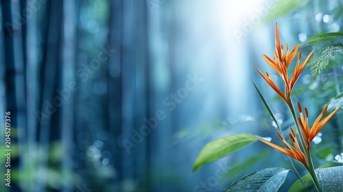 Bright Orange Lily Climbing Upward Among Lush Forest Vegetation