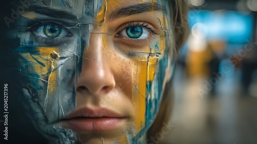 Monochrome Collage Portrait of a Human with Vibrant Blue Eyes