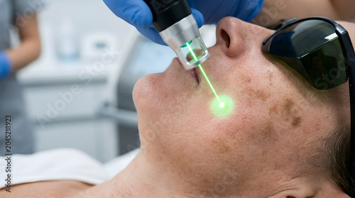 Laser treatment targeting dark spots on a patient's face in a clinic