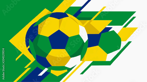 Brazilian Flag Colors Soccer Balls Abstract Design with Geometric Shapes and Lines