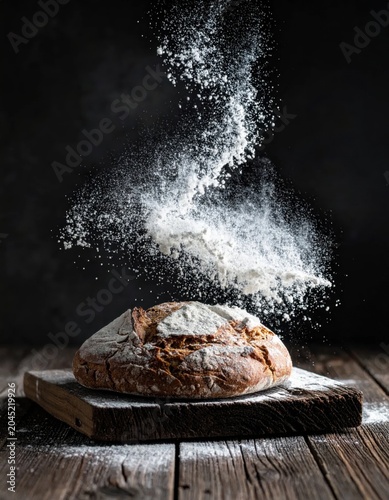 Freshly baked sourdough loaf with flour dusting in mid-air on rustic wooden board, bakery craft, culinary arts, food photography, dark moody aesthetic