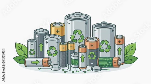 Collection of various batteries including rechargeable and recycling symbols with green leaves symbolizing eco-friendly energy and sustainability