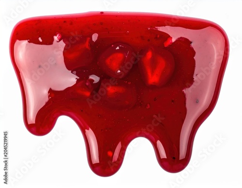 Isolated red berry fruit jam drizzle, thick sticky sweet sauce with pieces of fruit, vibrant glossy texture, food photography
