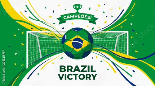 Brazil soccer team celebrates victory with championship trophy and confetti in national colors green yellow and blue
