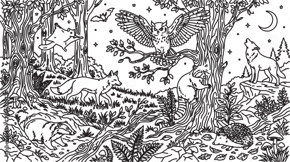 Fototapeta premium Enchanted forest coloring page vector, nocturnal woodland animals in night landscape, mystical wildlife scene with owl and fox line art