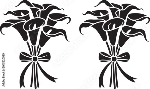 Bild auf Leinwand Two elegant black silhouettes of calla lily flower bouquets with a decorative bow, creating a graceful botanical image