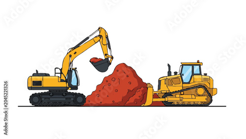 Yellow Excavator and Bulldozer Working on Red Soil Pile, Construction Site Vector Illustration on White Background