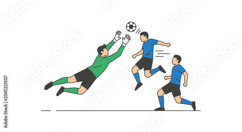 Soccer Goalkeeper Diving to Save Goal During Match.