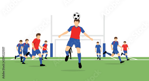 Soccer player heading ball during a game.