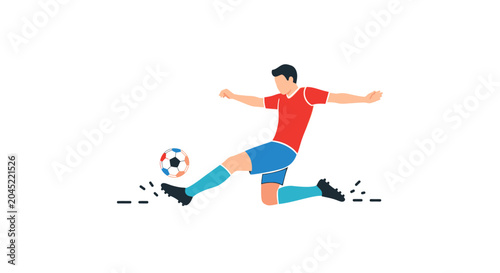 Soccer player in action kicking a ball during a game.