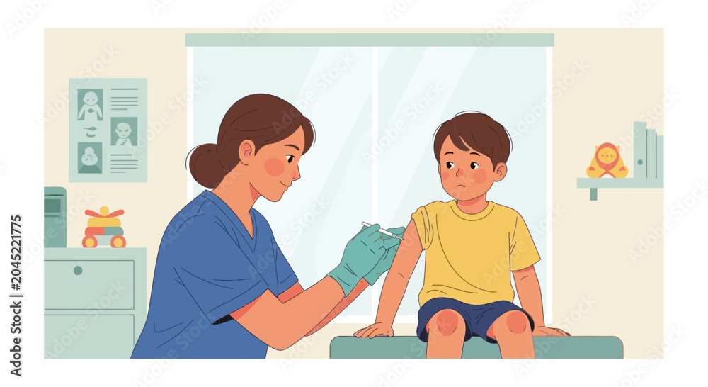 Fototapeta premium Pediatrician giving vaccine injection to young boy in clinic, healthcare concept