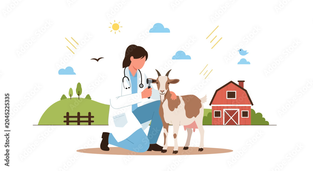Fototapeta premium Veterinarian Examining Goat on Farm with Barn under Sunny Sky