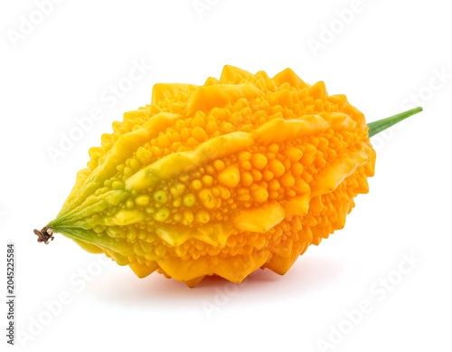 Fresh whole bitter melon fruit with bumpy texture on white background, white background