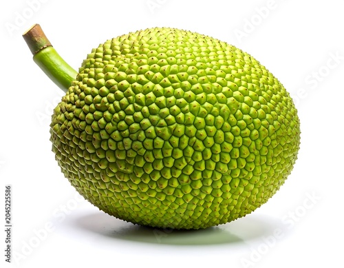 Fresh whole breadfruit with green spiky skin on white background, white background
