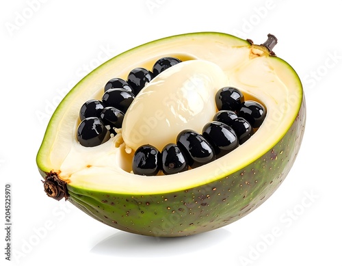 Open ackee fruit cut in half revealing creamy arils and white background, black seeds