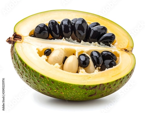 Open ackee fruit cut in half revealing creamy arils inside yellow pod white background