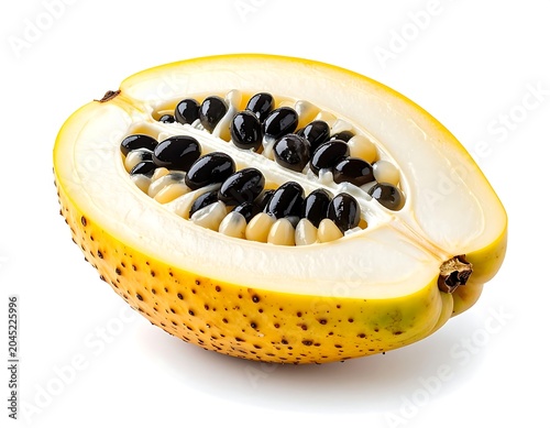 Open ackee fruit on white background, white background, showing, yellow arils, and, black seeds