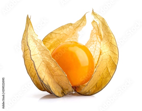 Ultra-realistic studio of a single fresh cape gooseberry fruit white background