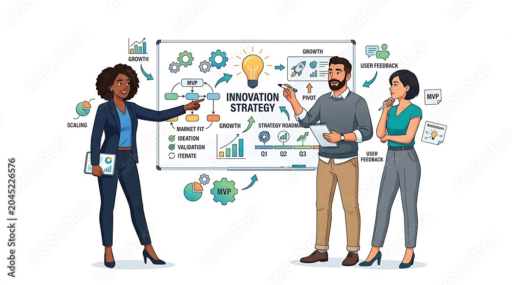Obraz premium Diverse business team presenting a creative innovation strategy on whiteboard