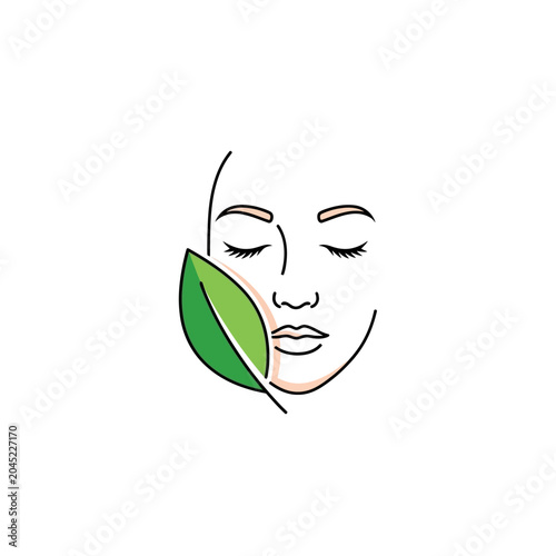 Woman Face with Green Leaf Beauty.