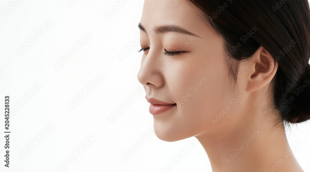 Fototapeta premium Profile view woman face closed eyes soft light studio background. Smooth healthy skin natural beauty calm serene facial expression. Gentle pose for cosmetics, wellness, spa.
