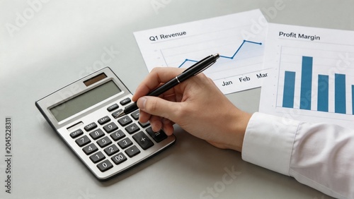 Hand using calculator with financial charts