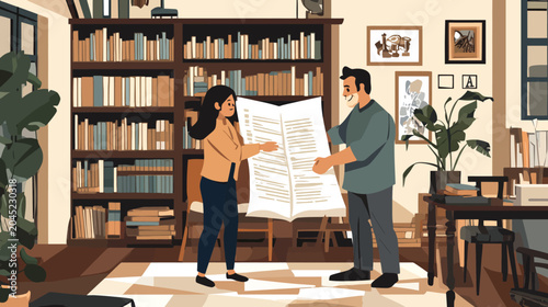 Two people exchanging document in a cozy, well-lit library room