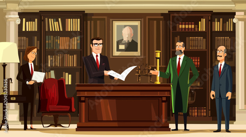 Office scene with four professionals in formal attire, in a library with wooden bookshelves, a portrait, and a large desk