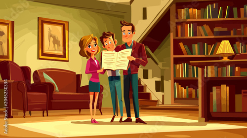 Family reading book together in cozy living room with art