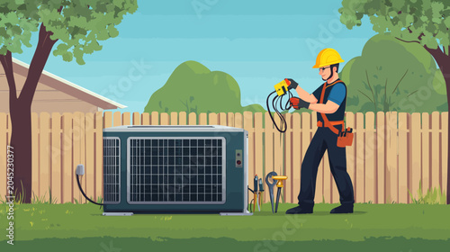 Technician repairing air conditioning unit outdoors in backyard