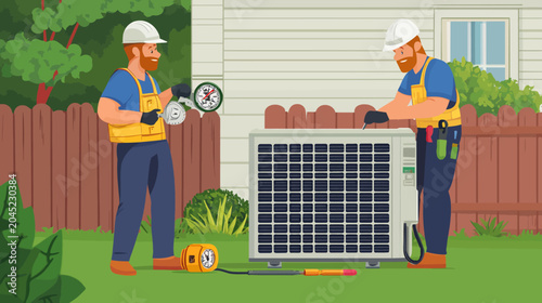Two technicians repair outdoor air conditioning unit in a backyard