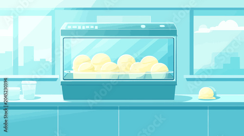Ice cream display case with scoops in a modern kitchen setting