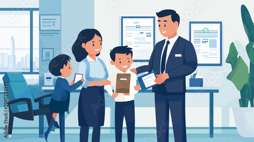 Business meeting with children receiving awards from adult in office