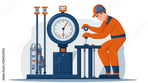 Worker operating a pressure testing machine with gauges and safety gear