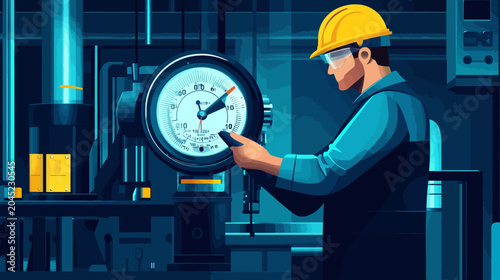 An engineer checks a pressure gauge in an industrial setting