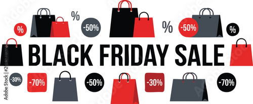 Quadro su tela Black Friday sale banner with shopping bags and percent discounts