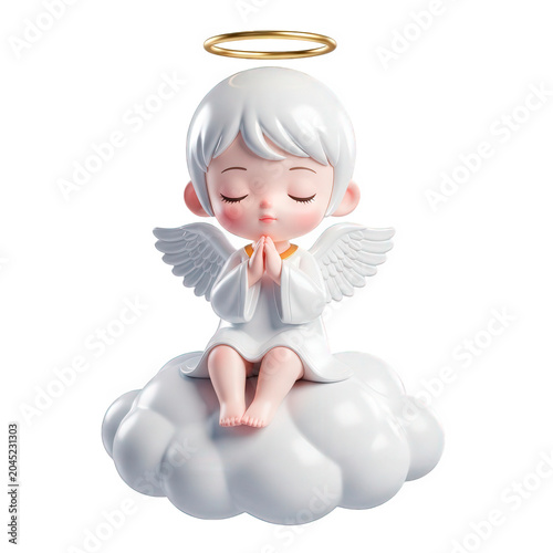 Cute cartoon angel praying on a cloud with a golden halo